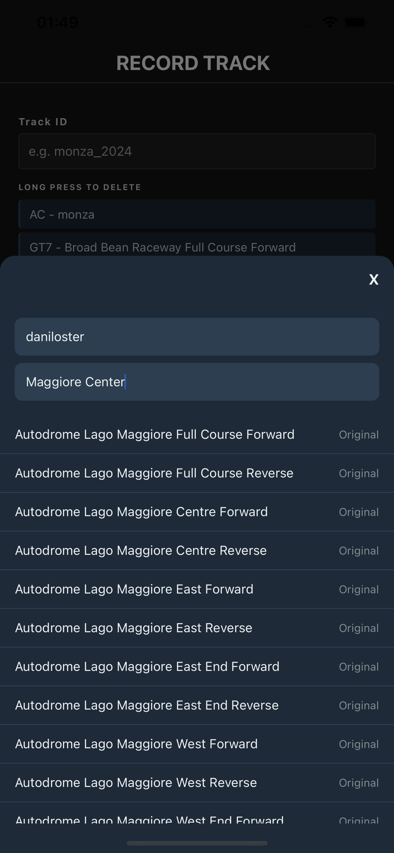 Track selection modal with Driver ID filled and circuit search active