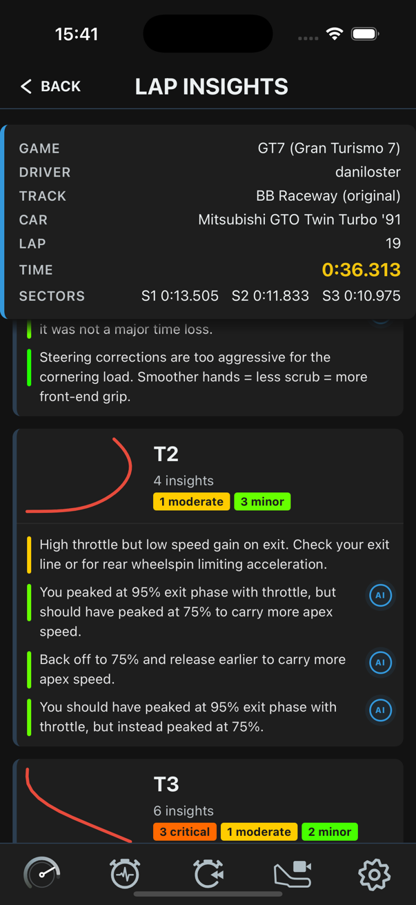 AI coach insights for T2 and T3 corners