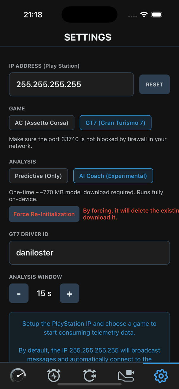 Settings screen with game selection